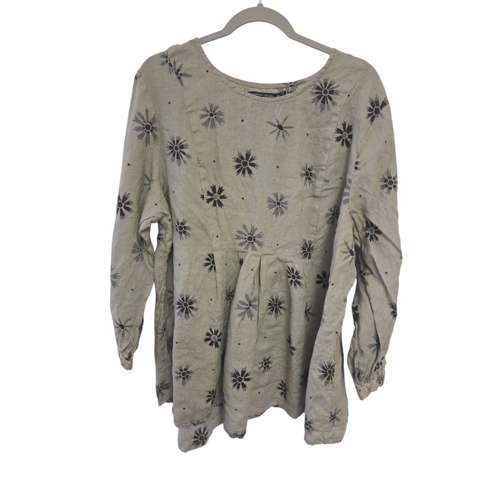 Gudrun Sjoden 100% Linen Tunic Blouse Floral Scandinavian Artsy Top Grey Tan M